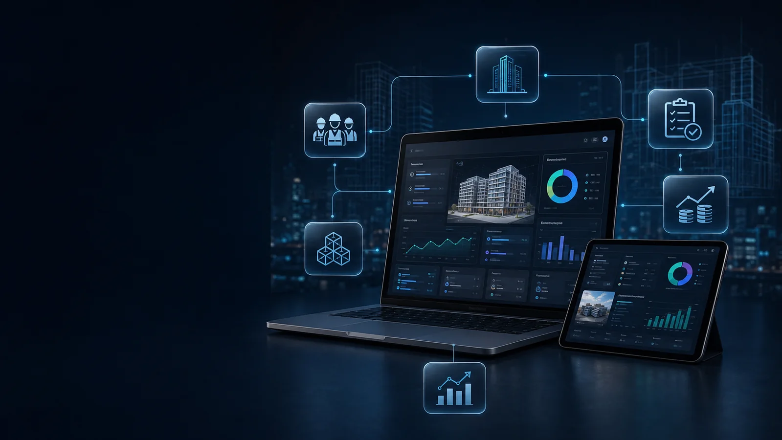 Digitale Bauplattform mit Projektkennzahlen auf Laptop und Tablet