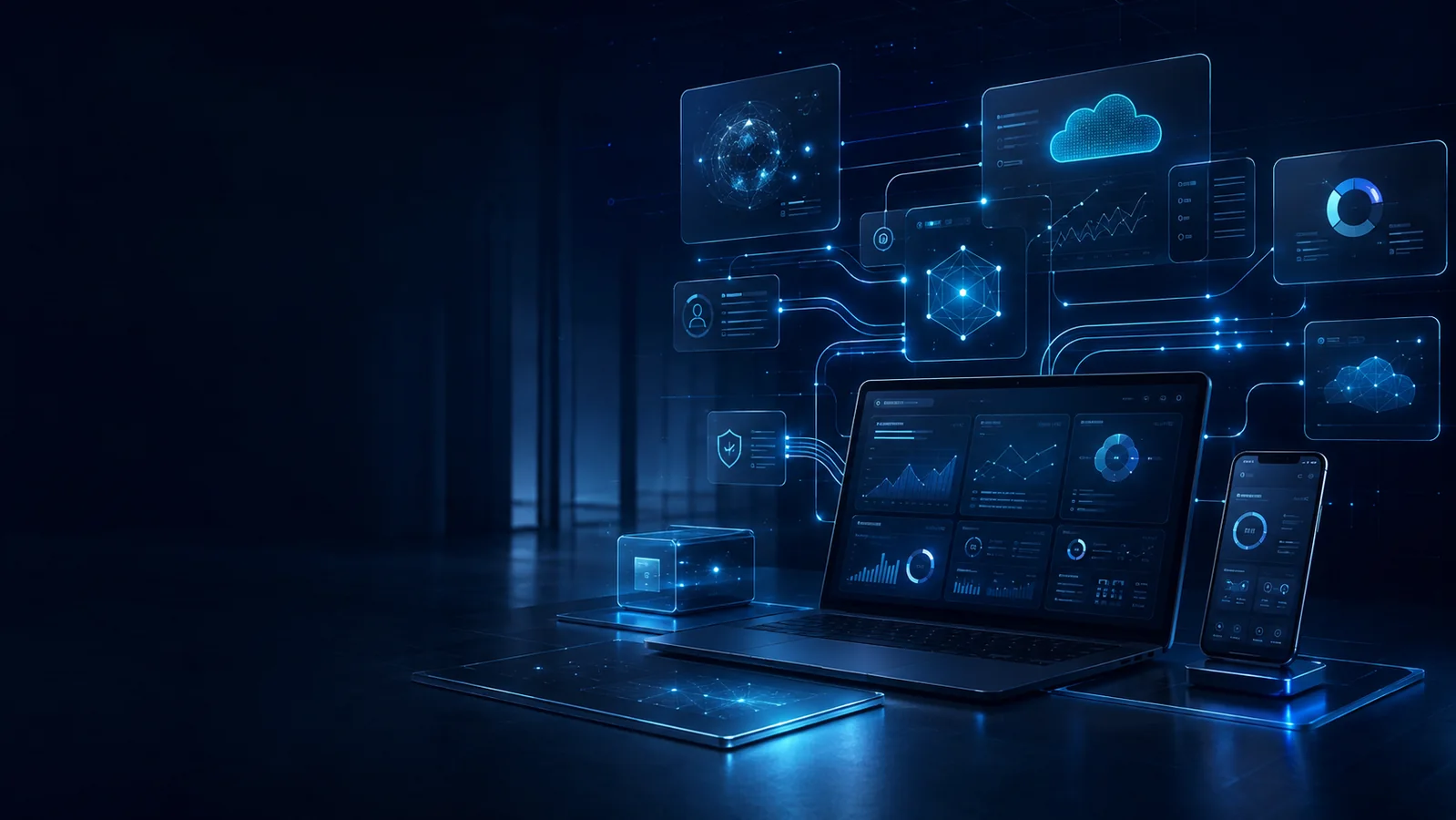 Vernetzte Unternehmenssoftware mit Cloud-Diensten und Analyse-Dashboard