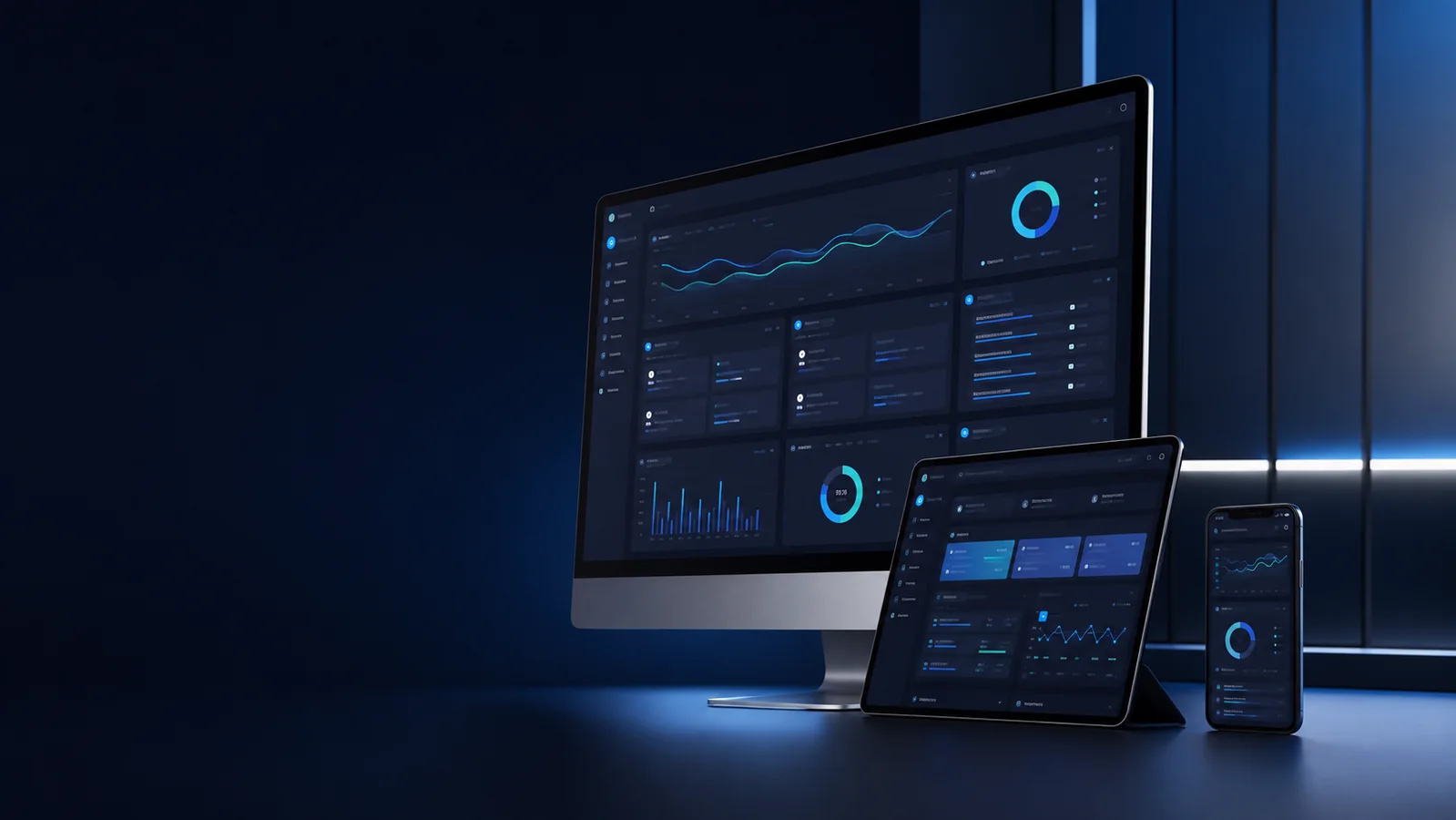 Responsives Business-Dashboard auf Desktop, Tablet und Smartphone