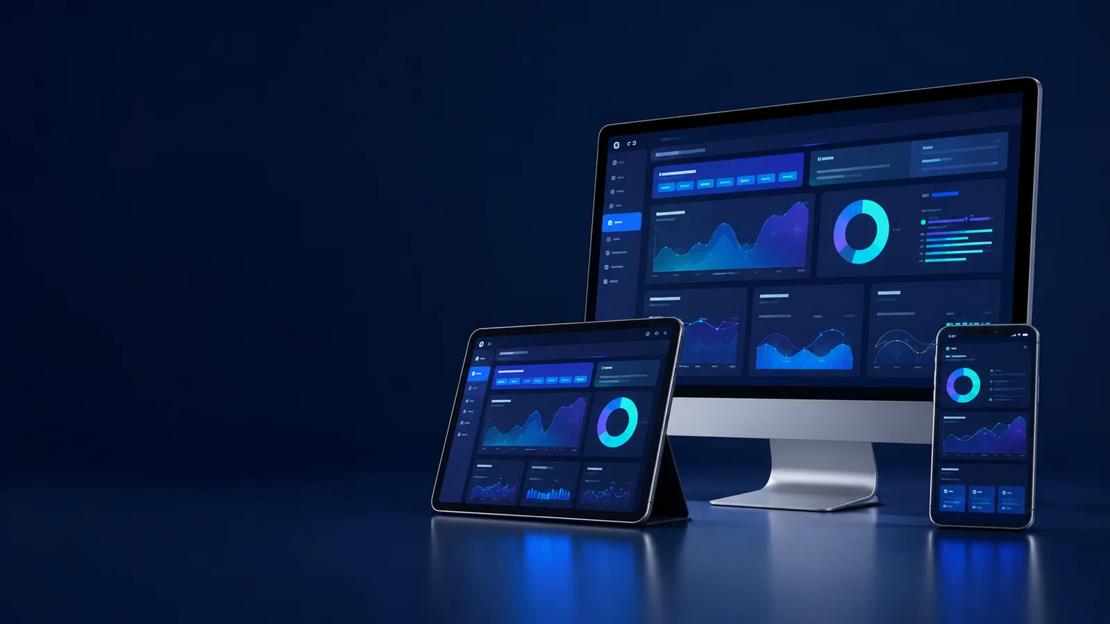 Responsives Business-Dashboard auf Desktop, Tablet und Smartphone